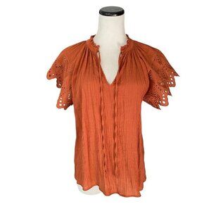 Chelsea & Theodore - Rust Orange Autumn Fall Eyelet Detailed Sleeve Top Sz XS
